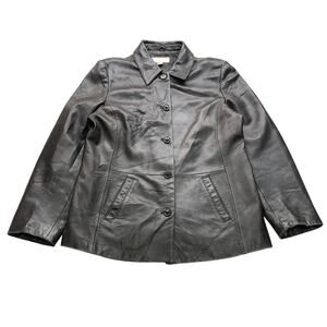 Vintage Casual Corner Leather Coat Jacket Womens Large Collared Black